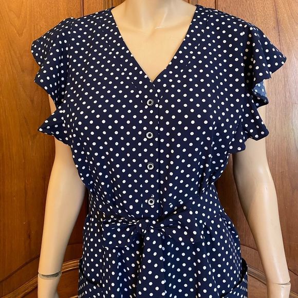 CLEARANCE 90’s Vintage Dress Navy & White Polka Dot Flutter Sleeve Size Large - Picture 2 of 9